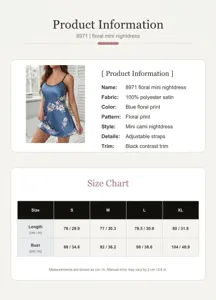 Floral satin mini nightdress detail with adjustable straps and size chart reference.