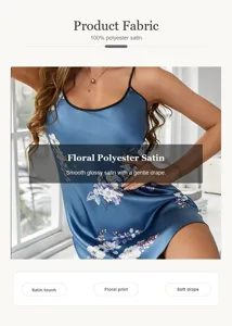 Floral satin slip nightgown fabric detail, smooth glossy polyester fabric with gentle drape.