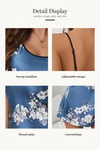 Close-up detail view of the floral satin cami dress featuring scoop neckline and straps.