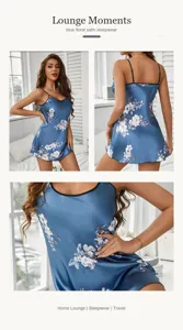 Blue floral satin slip dress detail, lightweight breathable sexy backless nightwear.