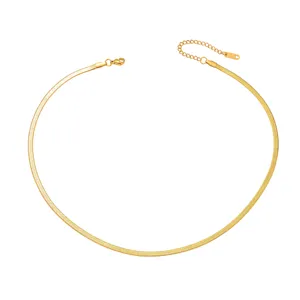 Gold stainless steel flat snake chain necklace detail, elegant choker with lobster clasp.