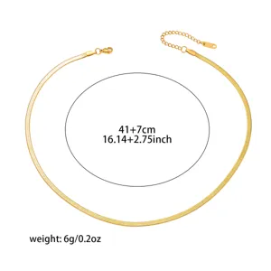 Gold flat herringbone chain necklace detail, stainless steel snake link, adjustable size.