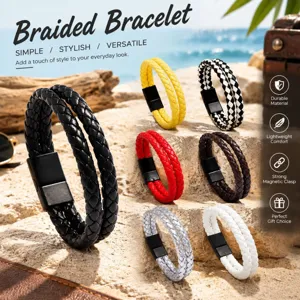 Pulsera De Cuero Trenzado De Doble Capa Con Cierre Magnético De Aleación Joyería De Moda Retro Vintage Para Hombres