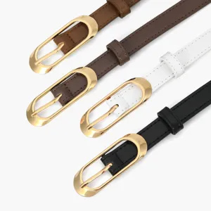 Dames vintage smalle lederen riem met gouden metalen gesp, stijlvolle casual jeansriem.