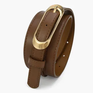 Bruine lederen damesriem met gouden metalen gesp, minimalistisch accessoire voor dagelijkse jeans.