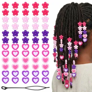 Acrylic hair beads set with flower and heart shapes for braiding dreadlocks and hair styling.