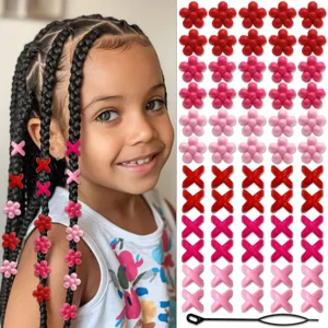 Close-up of colorful acrylic flower and cross braid beads with a handy styling loop tool.