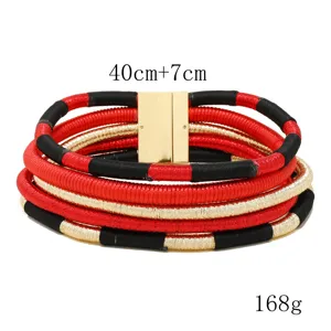 African style multi strand rope choker necklace with gold magnetic clasp and extension chain.