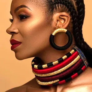 Exaggerated African Tribal Woven Choker Necklace And Earrings Set Alloy Cotton Cord Fashion Jewelry Set For Women Party