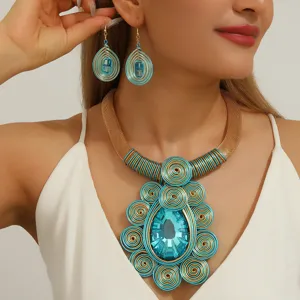 Exaggerated Handmade Aluminum Wire Woven Crystal Pendant Necklace And Earrings Set Fashion Jewelry For Women Party