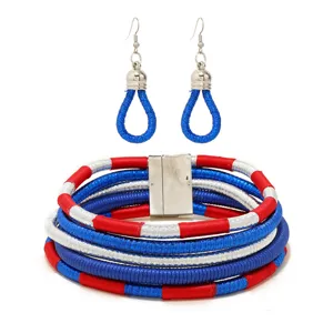 Chic red white blue woven multi-strand statement necklace and earrings set for women.