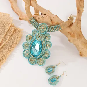 Exquisite handmade wire woven crystal statement necklace earrings jewelry set for women.