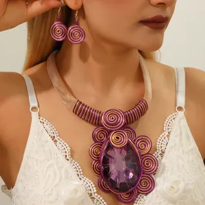 Exaggerated handmade aluminum wire crystal statement necklace earrings jewelry set detail view
