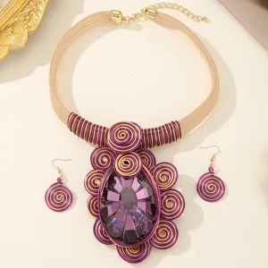 Handmade aluminum wire woven statement necklace and earrings set with purple crystal