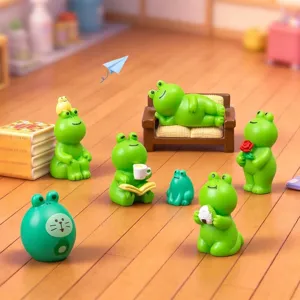 Miniature cute green frog figurines set, resin dollhouse DIY decorative desktop ornaments.
