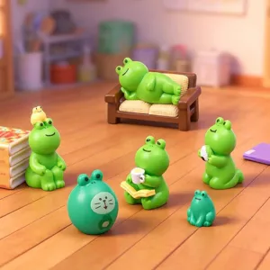 Miniature Japanese cartoon frog figurine set, cute resin animal dollhouse DIY desktop decor