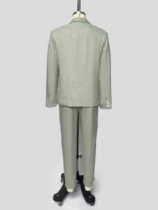 Men light green solid suit set jacket trousers detail view business wedding party wear