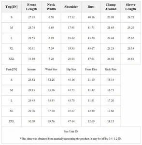 Men suit size chart detail table showing comprehensive measurements for jacket and trousers.