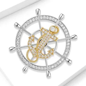 Exquisite mikrogefasste Zirkon Schiffssteuer Anker Brosche, elegante drehbare maritime Brosche.