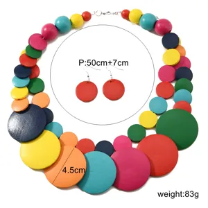Bohemian colorful wooden bead statement necklace and matching drop earrings set for women.