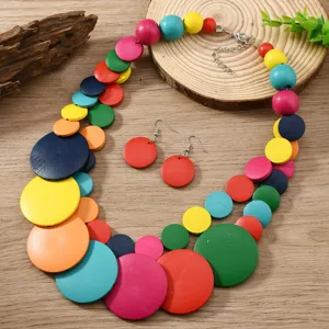 Bohemian colorful wooden bead statement necklace earrings set ethnic fashion jewelry for women