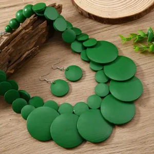 Green wooden bead necklace earrings set bohemian ethnic statement jewelry for women.