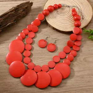 Bohemian red wooden bead layered necklace and earrings set, African style rustic jewelry.