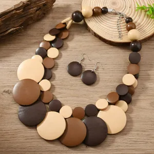 Wooden bead necklace and earrings set detail, bohemian style round wooden slices jewelry.