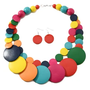 Colorful wooden disc beaded necklace and earrings set bohemian style fashion jewelry for women