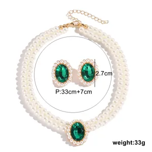 French vintage elegant multi-layer faux pearl choker necklace and green crystal earrings set.