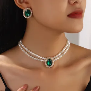 French Vintage Elegant Layered Artificial Pearl Beaded Choker Necklace And Earrings Set Rhinestone Crystal Jewelry Gift
