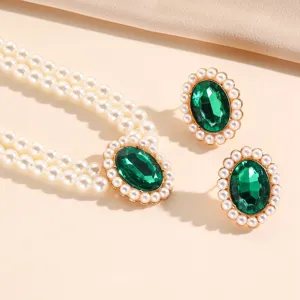 French vintage elegant multi-layer faux pearl choker necklace and green gemstone earrings set