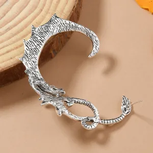 Punk retro silver dragon ear cuff detail shot, stylish alloy wrap earring for men and women.