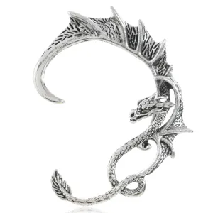 Vintage punk silver dragon ear cuff for men and women, cool gothic style jewelry accessory.