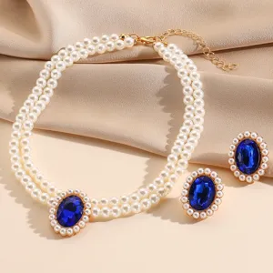 French retro double layer faux pearl necklace and blue gemstone earrings jewelry set.