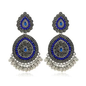 Bohemian vintage silver teardrop rhinestone tassel earrings with blue stones for women.