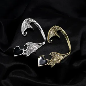 Punk retro dragon wing ear cuffs in silver and gold alloy with black heart charm fashion jewelry.