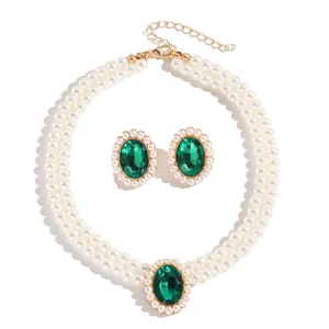 Elegant French vintage multi-layer faux pearl green crystal necklace and earrings set