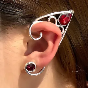 Silver tone elf ear cuff wrap with red crystal gemstone vintage gothic jewelry