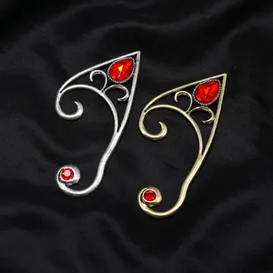 Punk retro alloy elf ear cuffs with red crystal gems, fashion gothic cosplay earrings for women.
