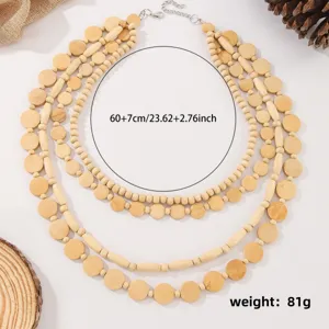 Bohemian multi-layer wooden bead necklace detail view, showcasing intricate handmade craftsmanship.