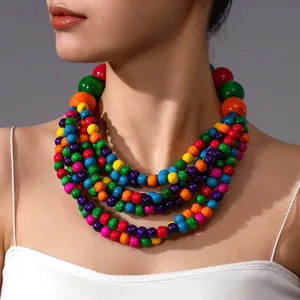 Exagéré Style Ethnique Multi-Couches Fait Main Perle en Bois Collier Statement Bijoux de Fête Bohème pour Femmes