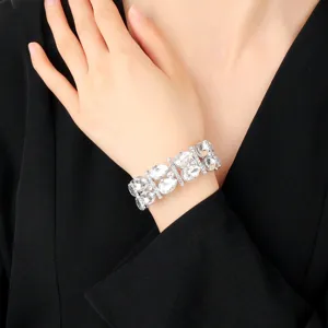 Close-up detail of the sparkling teardrop crystal rhinestone elastic bracelet cuff for women.