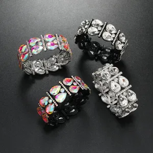 Crystal rhinestone elastic bracelet set, sparkling teardrop crystal stretch jewelry for women.