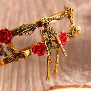 Bracciale da braccio teschio scheletro serpente punk vintage con rose rosse gotico aperto