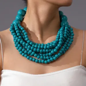 Collier statement en perles de bois multicouches pour femmes, bijoux de fête ethniques.