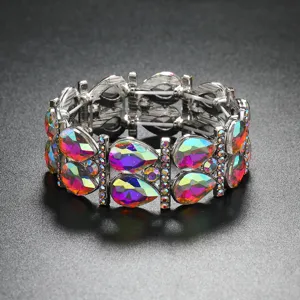 Close-up of sparkling iridescent crystal teardrop stretch bangle bracelet in alloy.