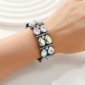 Fashion alloy teardrop crystal stretch bracelet for women, stunning iridescent rhinestone design.