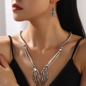 Gothic punk ασημένιο μέταλλο σκελετό χέρι κολιέ choker σκουλαρίκια σετ γυναικεία κοσμήματα