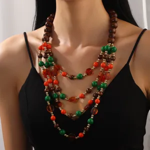 Collana Bohémien Vintage Multistrato con Perle di Legno e Acrilico Catena Maglione Grosso Gioiello per Donne